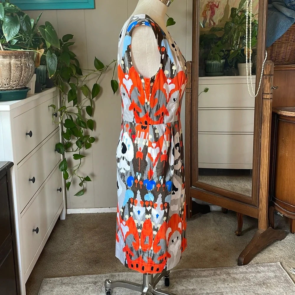 Maggy London Blue & Orange Geometric Print Sleeveless Women's Sheath Dress Sz 14 - Picture 4 of 11
